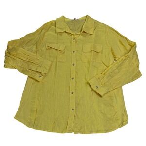 Calvin Klein Womens 1X Yellow Linen Blend Roll Tab Sleeve Button Down Shirt